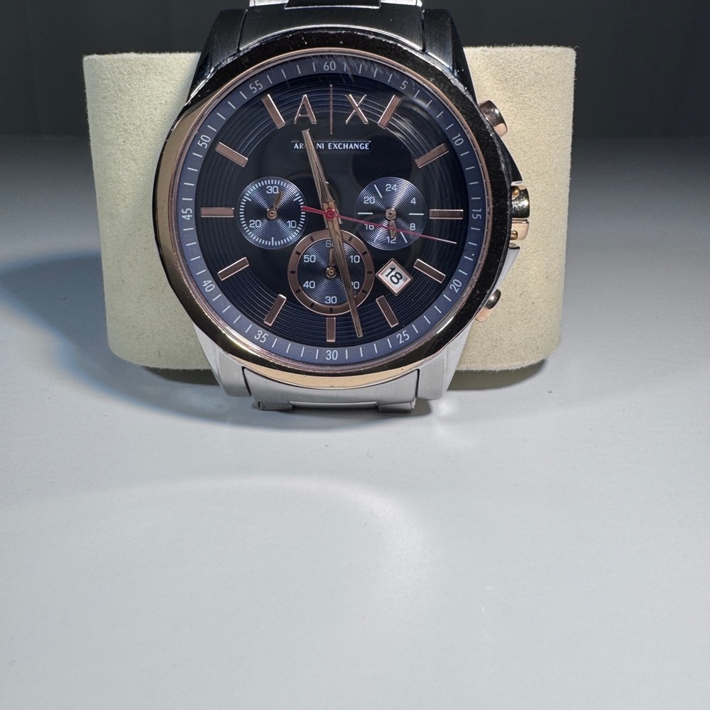 AX Armani Exchange Silver Chrono Watch | Blue Face Rose Gold | Pre-Owned